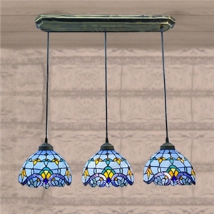 Blue Stained Glass Bronze Long Base Tiffany 3-light Hanging Pendant