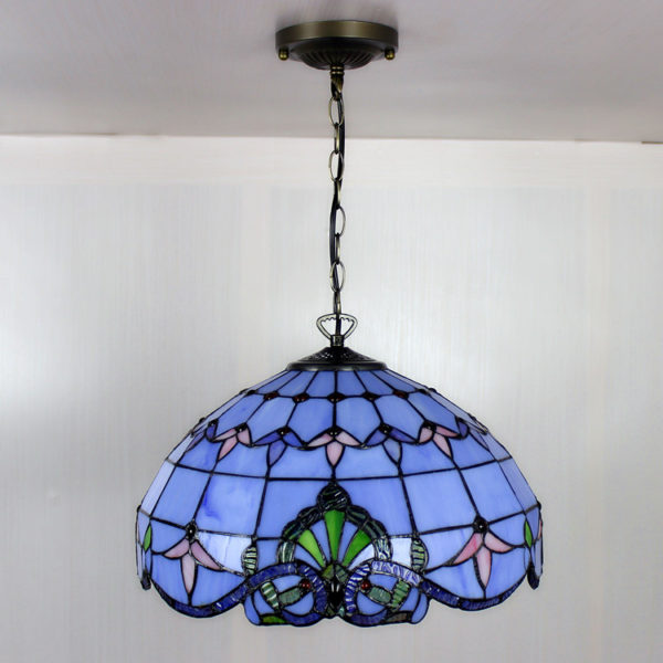 Nature Sea Blue Stained Glass Baroque Tiffany 16 Inch Pendant - Image 3