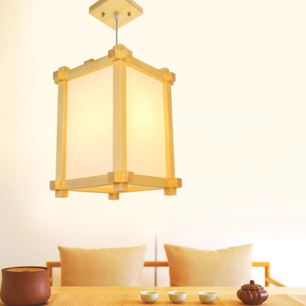 Simple Square Pendant Light Japanese Wooden Pendant Light Dining Room Hallway Bar Lighting - Image 5