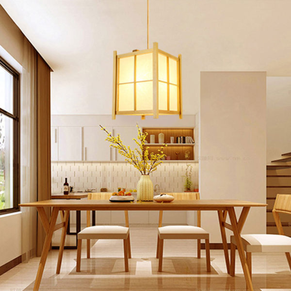 Wooden Check Pendant Light Japanese Creative Pendant Light Living Room Bedroom Lighting - Image 3