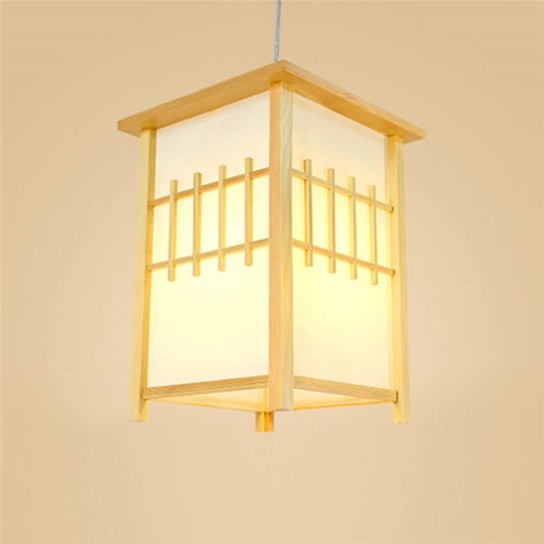 Square Lantern Pendant Light Japanese Wooden Pendant Light Living Room Bedroom Study Lighting - Image 7
