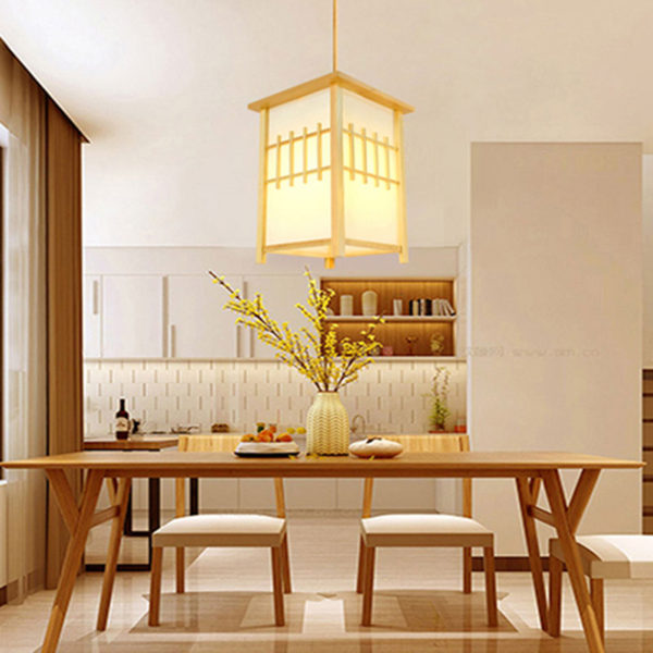 Square Lantern Pendant Light Japanese Wooden Pendant Light Living Room Bedroom Study Lighting - Image 8