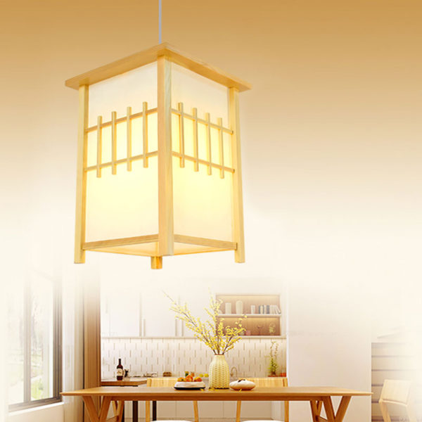 Square Lantern Pendant Light Japanese Wooden Pendant Light Living Room Bedroom Study Lighting - Image 3