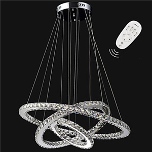 Dimmable LED Pendant Light Modern Remote Control Crystal Chandelier Lamp Fixtures with 3 Ring D705030 CE UL
