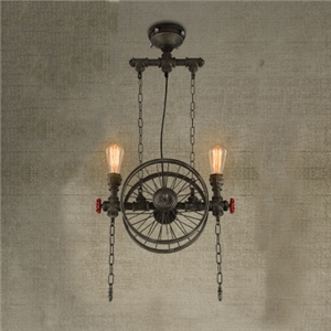 Matte Bronze 2 Light Wheel Industrial Hanging Pendant Lighting