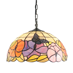 16inch European Pastoral Retro Style Pendant Lights Butterfly Flowers Pattern Glass Shade Bedroom Living Room Dining Room Kitchen Lights