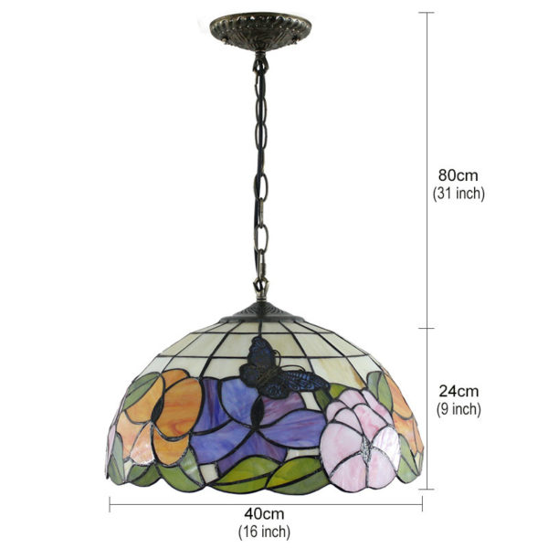 16inch European Pastoral Retro Style Pendant Lights Butterfly Flowers Pattern Glass Shade Bedroom Living Room Dining Room Kitchen Lights - Image 2
