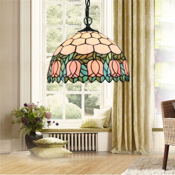 12inch European Pastoral Retro Style Pendant Light Pink Flower Pattern Glass Shade Bedroom Living Room Dining Room Kitchen Lights - Image 6