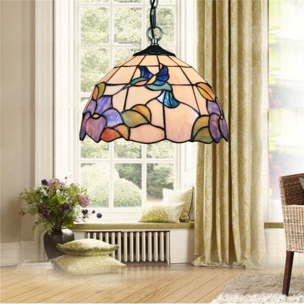 12inch European Pastoral Retro Style Pendant Light Hummingbird Gathering Flowers Pattern Glass Shade Bedroom Living Room Dining Room Kitchen Lights - Image 6