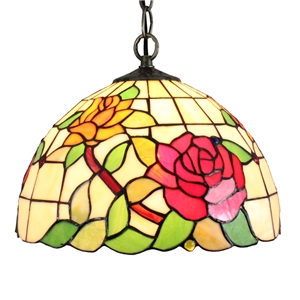 12inch European Pastoral Retro Style Pendant Light Colorful Rose Pattern Glass Shade Bedroom Living Room Dining Room Kitchen Lights