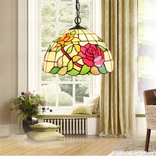 12inch European Pastoral Retro Style Pendant Light Colorful Rose Pattern Glass Shade Bedroom Living Room Dining Room Kitchen Lights - Image 6