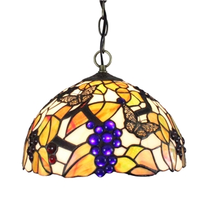 12inch European Pastoral Retro Style Pendant Light Butterfly and Grape Pattern Glass Shade Bedroom Living Room Dining Room Kitchen Lights