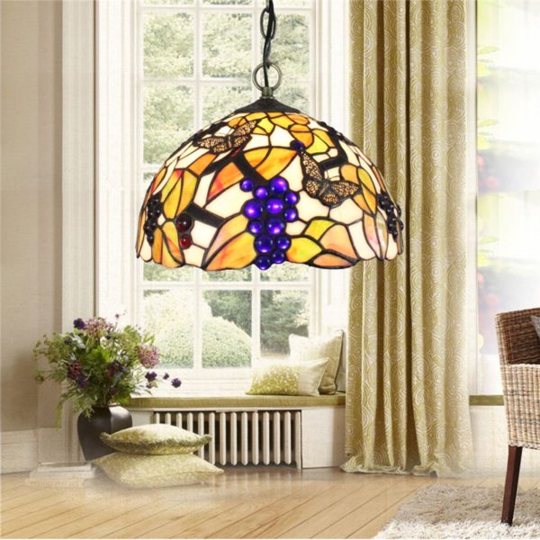 12inch European Pastoral Retro Style Pendant Light Butterfly and Grape Pattern Glass Shade Bedroom Living Room Dining Room Kitchen Lights - Image 6