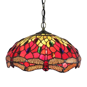 12inch European Pastoral Retro Style Pendant Light Red Dragonfly Pattern Glass Shade Bedroom Living Room Dining Room Kitchen Lights