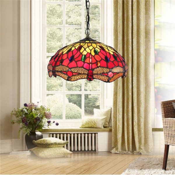 12inch European Pastoral Retro Style Pendant Light Red Dragonfly Pattern Glass Shade Bedroom Living Room Dining Room Kitchen Lights - Image 6