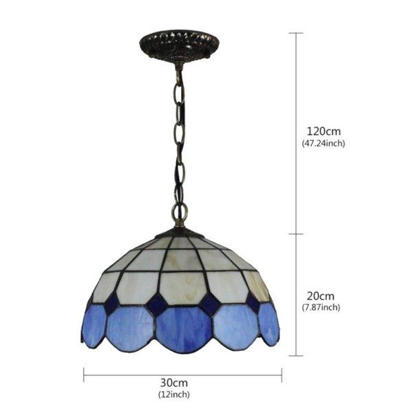 12inch European Pastoral Retro Style Pendant Light Mesh Pattern Blue and Light Grey Glass Shade Bedroom Living Room Dining Room Kitchen Lights - Image 2