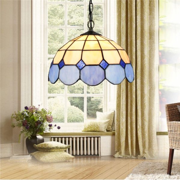 12inch European Pastoral Retro Style Pendant Light Mesh Pattern Blue and Light Grey Glass Shade Bedroom Living Room Dining Room Kitchen Lights - Image 6
