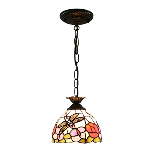 8inch European Pastoral Retro Style Pendant Light Dragonfly Gathering Flowers Pattern Glass Shade Bedroom Living Room Kitchen Light