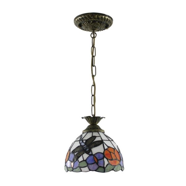8inch European Pastoral Retro Style Pendant Light Dragonfly Gathering Flowers Pattern Glass Shade Bedroom Living Room Kitchen Light - Image 8