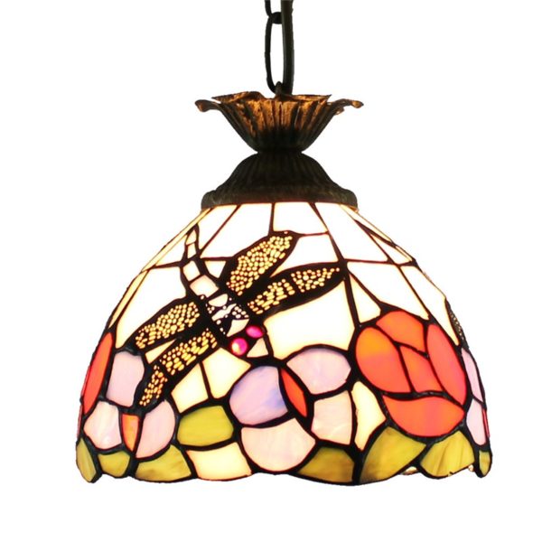 8inch European Pastoral Retro Style Pendant Light Dragonfly Gathering Flowers Pattern Glass Shade Bedroom Living Room Kitchen Light - Image 9