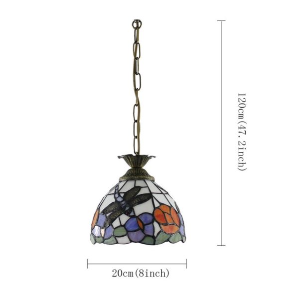8inch European Pastoral Retro Style Pendant Light Dragonfly Gathering Flowers Pattern Glass Shade Bedroom Living Room Kitchen Light - Image 2