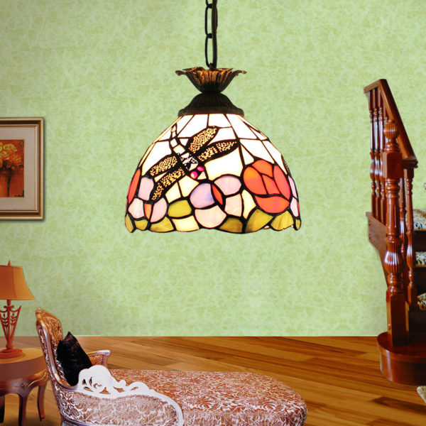 8inch European Pastoral Retro Style Pendant Light Dragonfly Gathering Flowers Pattern Glass Shade Bedroom Living Room Kitchen Light - Image 6