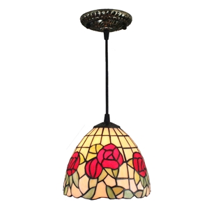 8inch European Pastoral Retro Style Pendant Light Red Rose Pattern Glass Shade Bedroom Living Room Kitchen Light