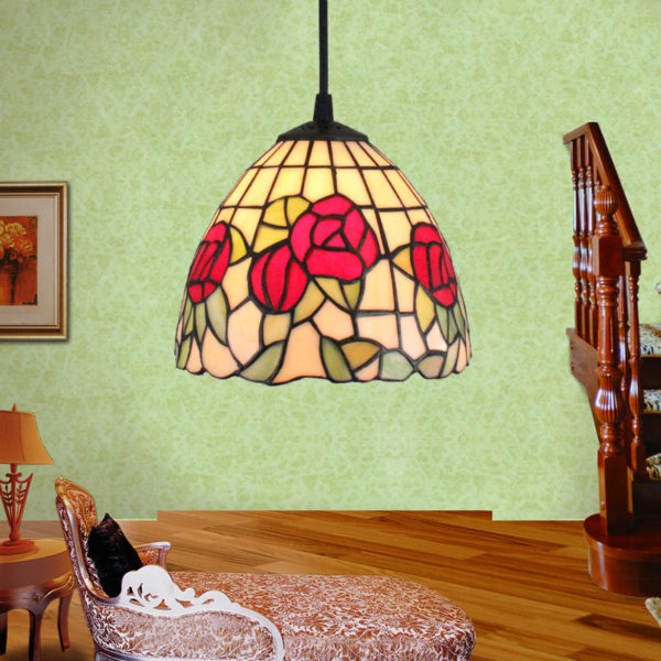 8inch European Pastoral Retro Style Pendant Light Red Rose Pattern Glass Shade Bedroom Living Room Kitchen Light - Image 6