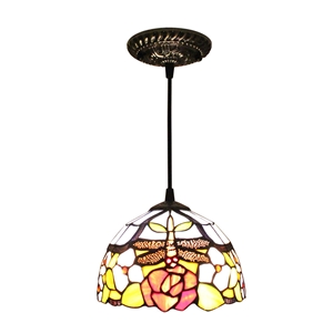 8inch European Pastoral Retro Style Pendant Light Dragonfly Gathering Flowers Pattern Glass Shade Bedroom Living Room Kitchen Light