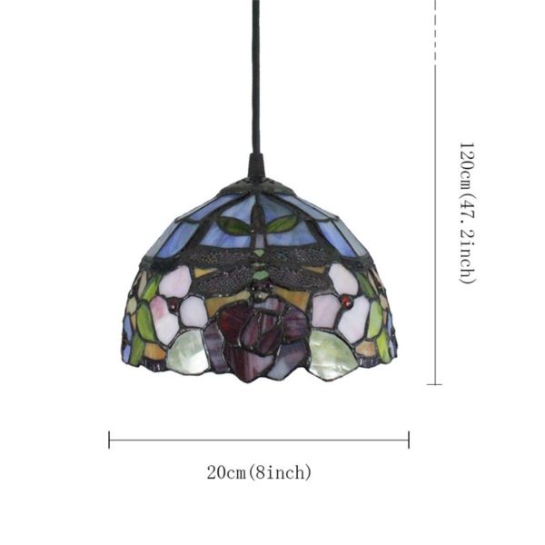 8inch European Pastoral Retro Style Pendant Light Dragonfly Gathering Flowers Pattern Glass Shade Bedroom Living Room Kitchen Light - Image 2