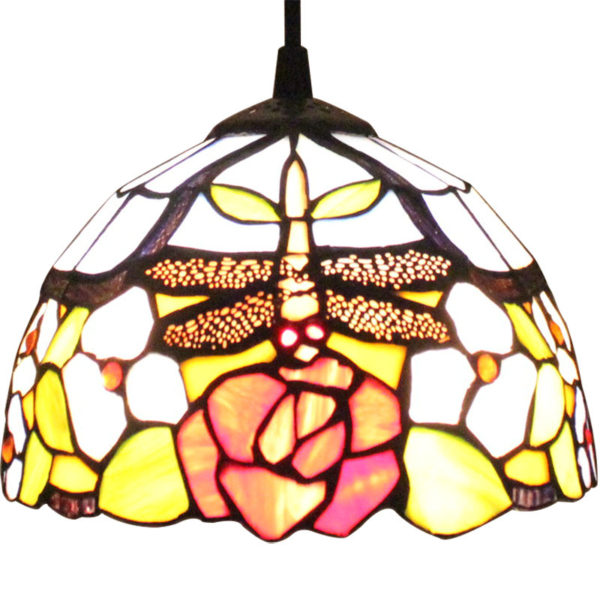 8inch European Pastoral Retro Style Pendant Light Dragonfly Gathering Flowers Pattern Glass Shade Bedroom Living Room Kitchen Light - Image 5