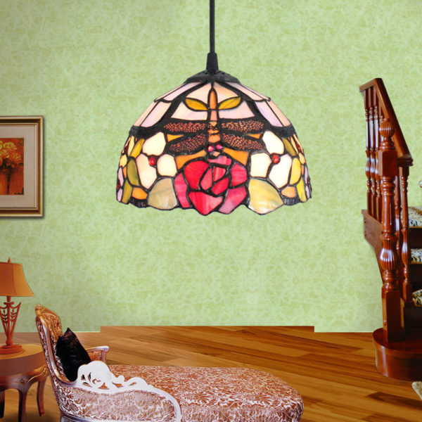8inch European Pastoral Retro Style Pendant Light Dragonfly Gathering Flowers Pattern Glass Shade Bedroom Living Room Kitchen Light - Image 6