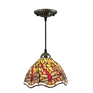 8inch European Pastoral Retro Style Pendant Light Red Dragonfly Pattern Glass Shade Bedroom Living Room Kitchen Light