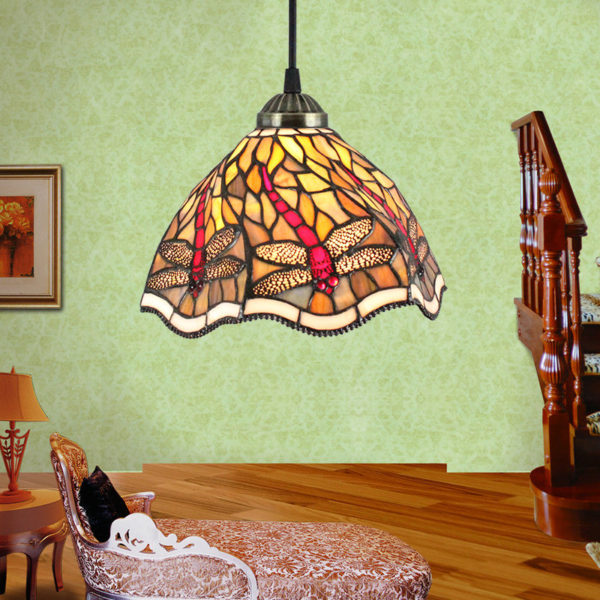 8inch European Pastoral Retro Style Pendant Light Red Dragonfly Pattern Glass Shade Bedroom Living Room Kitchen Light - Image 6