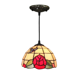 8inch European Pastoral Retro Style Pendant Light Red Flower Pattern Glass Shade Bedroom Living Room Kitchen Light