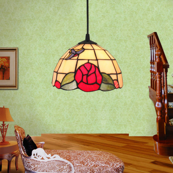 8inch European Pastoral Retro Style Pendant Light Red Flower Pattern Glass Shade Bedroom Living Room Kitchen Light - Image 6