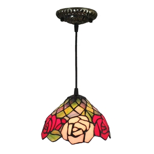 8inch European Pastoral Retro Style Pendant Light Colorful Rose Pattern Glass Shade Bedroom Living Room Kitchen Light