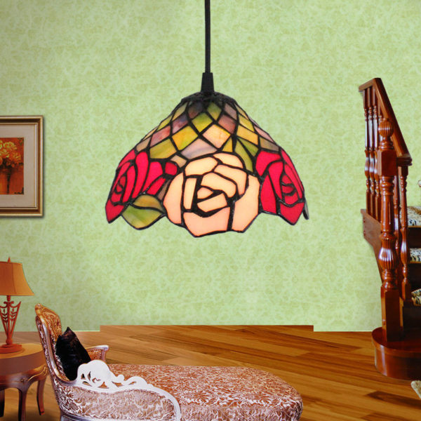 8inch European Pastoral Retro Style Pendant Light Colorful Rose Pattern Glass Shade Bedroom Living Room Kitchen Light - Image 6